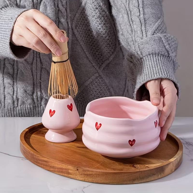 Matcha Whisk Set - 【2/4/5-teiliges niedliches Keramik-Matcha-Set mit Herz-Aufklebern -