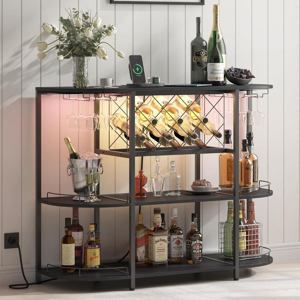 Coffee&Tea House Menu - Schwarzer 3-stufiger Couchtisch mit Weinregal, Steckdose