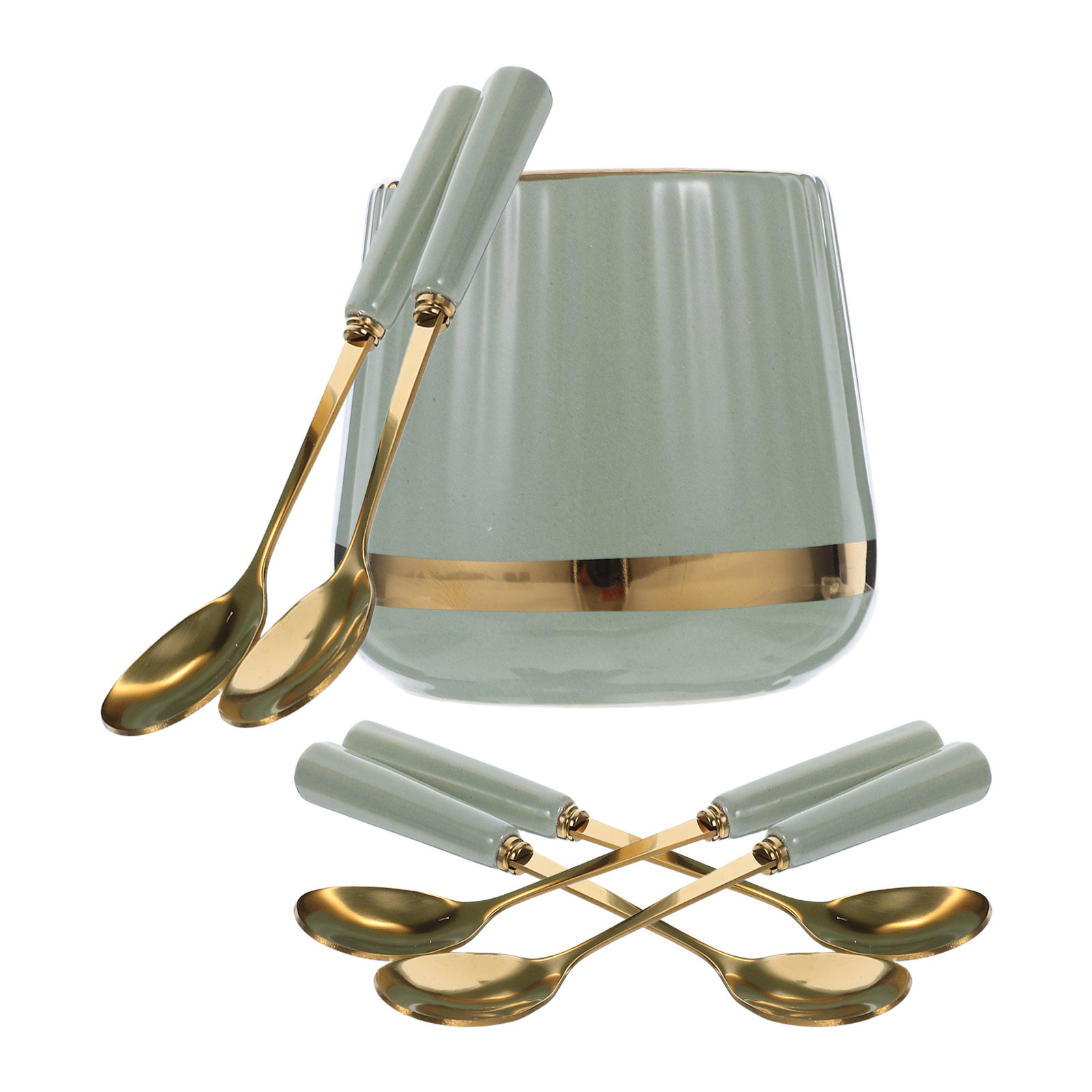 Coffee Tea Jar Set - 7-teiliges Kaffeelöffel-Set, Mini-Dessertlöffel aus Edelstahl, Keramikbehälterhalter,