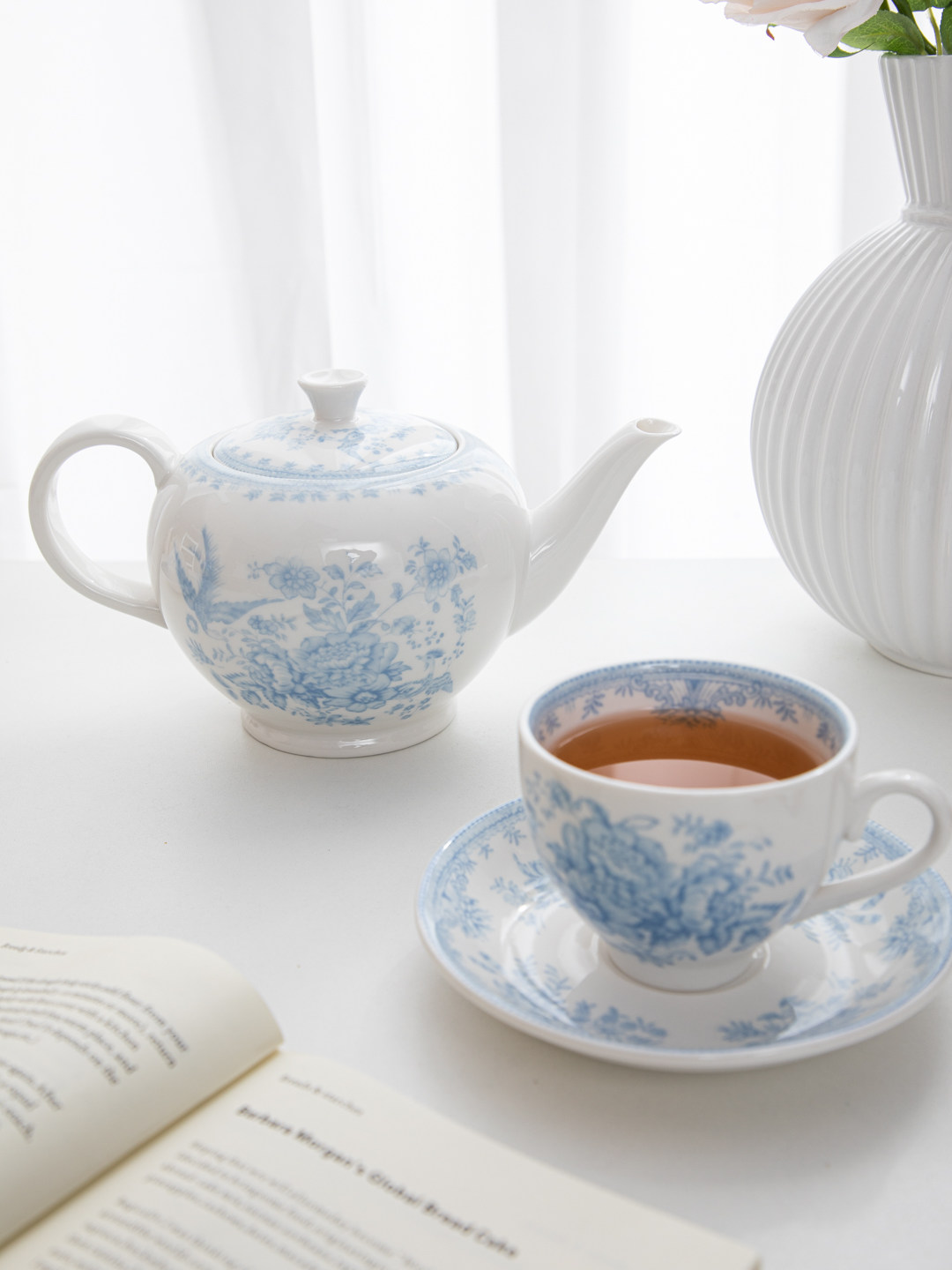 Coffee Tea Jar Set - Retro-Set aus blauem Pfingstrosen-Design: Nachmittagstee-Tasse und