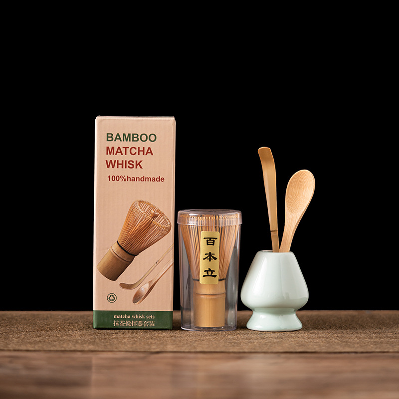 Matcha Whisk Set - 4-teiliges Bambus-Matcha-Schneebesen-Set mit hundert Borsten, Chasen-Ständer,