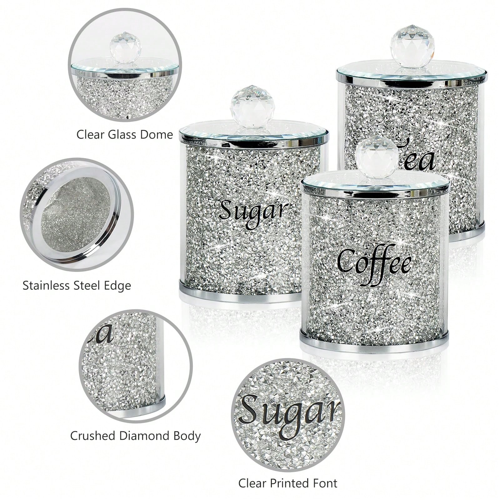 Coffee Tea Jar Set - Kaffee-Zucker-Tee-Dosen-Set, glitzerndes, diamantgeschliffenes Küchen-Aufbewahrungsset, 4-teiliges Set