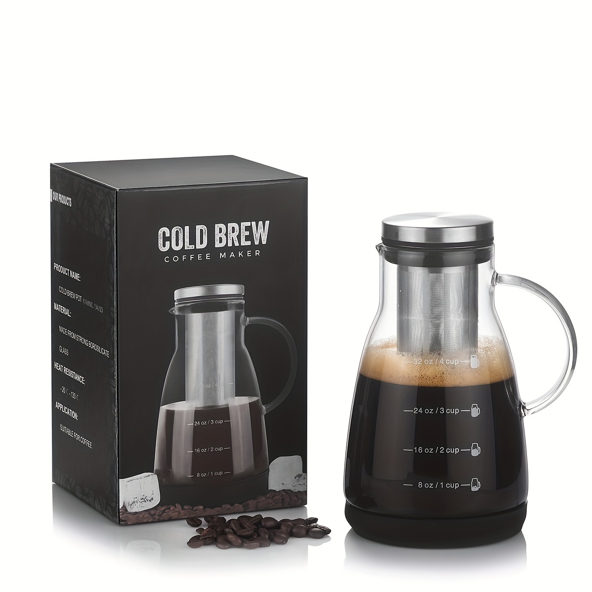 Coffee Tea Brew - 24oz Klassischer Glas-Kaltbrühkaffee-Krug, Manueller Pour-over Eiskaffeebereiter,